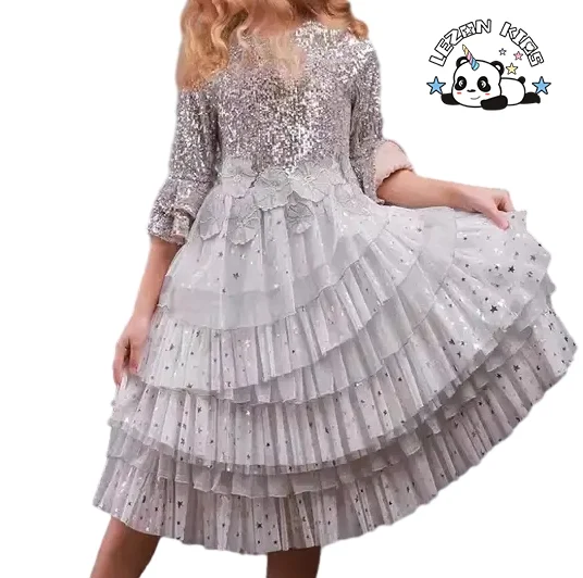 LEZONKIDS - Customizable New Fashion Fancy Sequined Girl Dress Princess Cake Girl Dress Flower Tulle Girl Dress